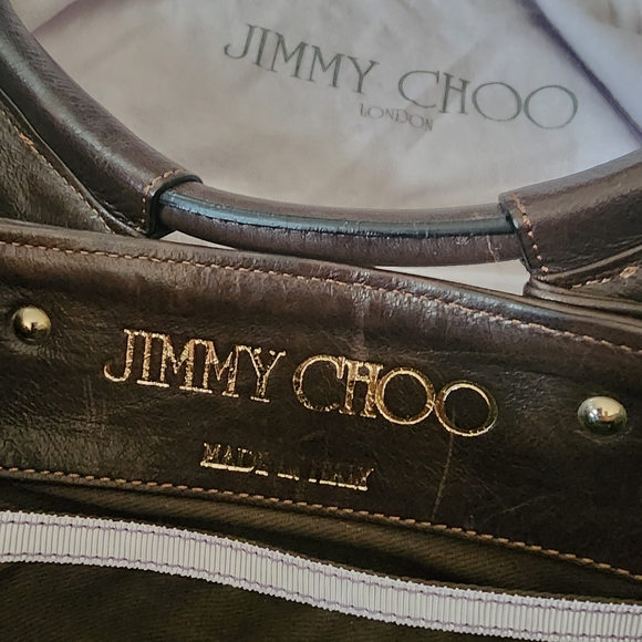 Jimmy Choo Black and Cream Patterned Canvas Leather Hobo Bag Brass Snake - Picture 5 of 7